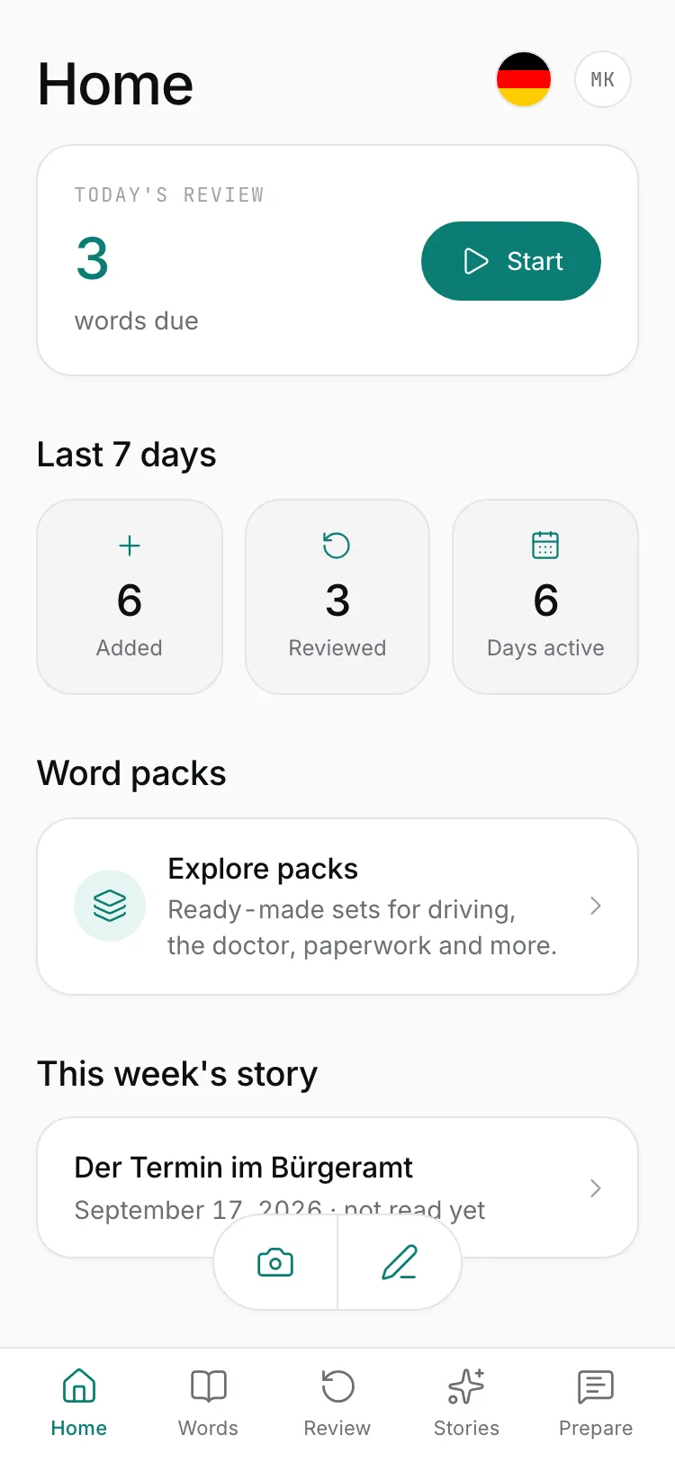The SifuLingo home screen on a phone: the words due for review today, the last 7 days of activity, and this week's story.