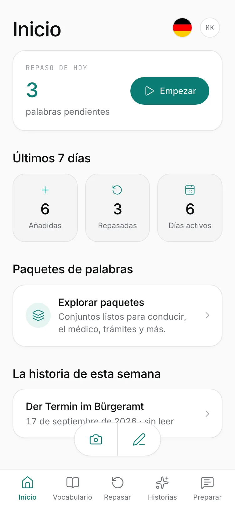 La pantalla de inicio de SifuLingo en un móvil: las palabras para repasar hoy, los últimos 7 días de actividad y la historia de esta semana.