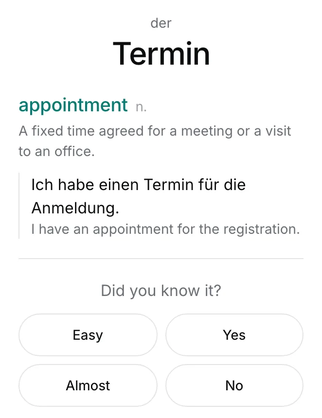 A SifuLingo review card on a phone: a German word with its translation and example sentence, and the buttons to rate how well you remembered it.
