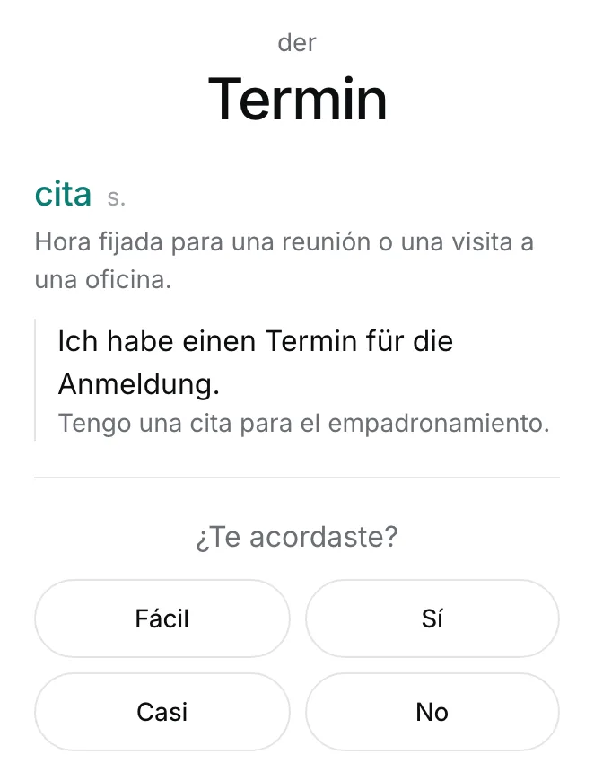 Una tarjeta de repaso de SifuLingo en un móvil: una palabra en alemán con su traducción y una frase de ejemplo, y los botones para valorar cuánto la recordabas.