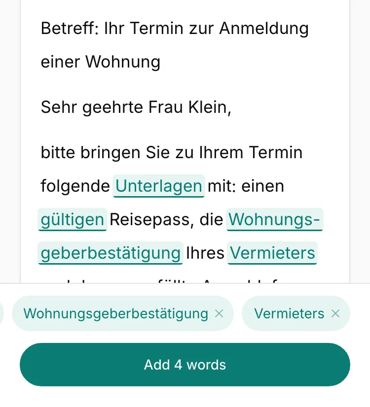 A scanned letter from a Berlin Bürgeramt in the app, with 4 tapped words highlighted: Unterlagen, gültigen, Wohnungsgeberbestätigung and Vermieters.