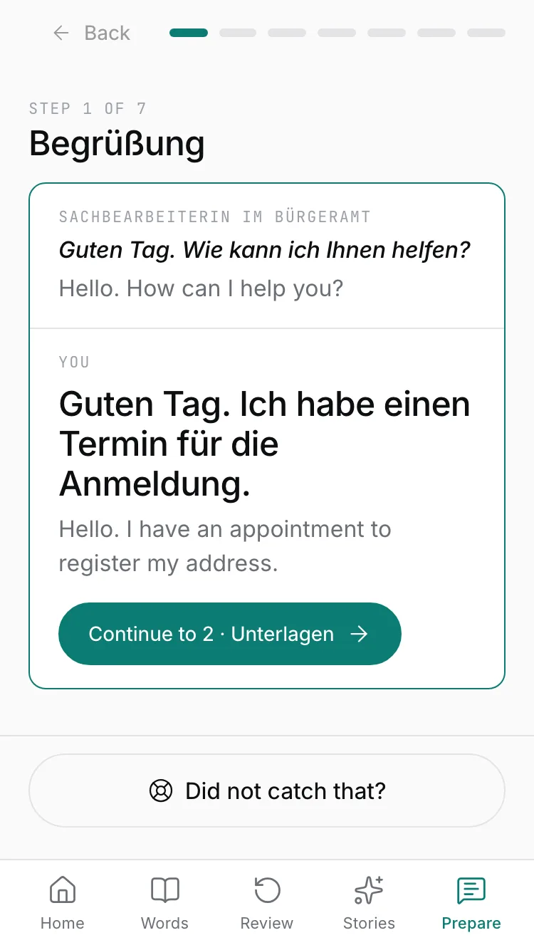 Step by step mode on a phone, step 1 of 7, "Begrüßung". The Bürgeramt clerk says "Guten Tag. Wie kann ich Ihnen helfen?" and your line reads "Guten Tag. Ich habe einen Termin für die Anmeldung.", each with its English translation. Below are a button to continue to step 2, Unterlagen, and another labelled "Did not catch that?".